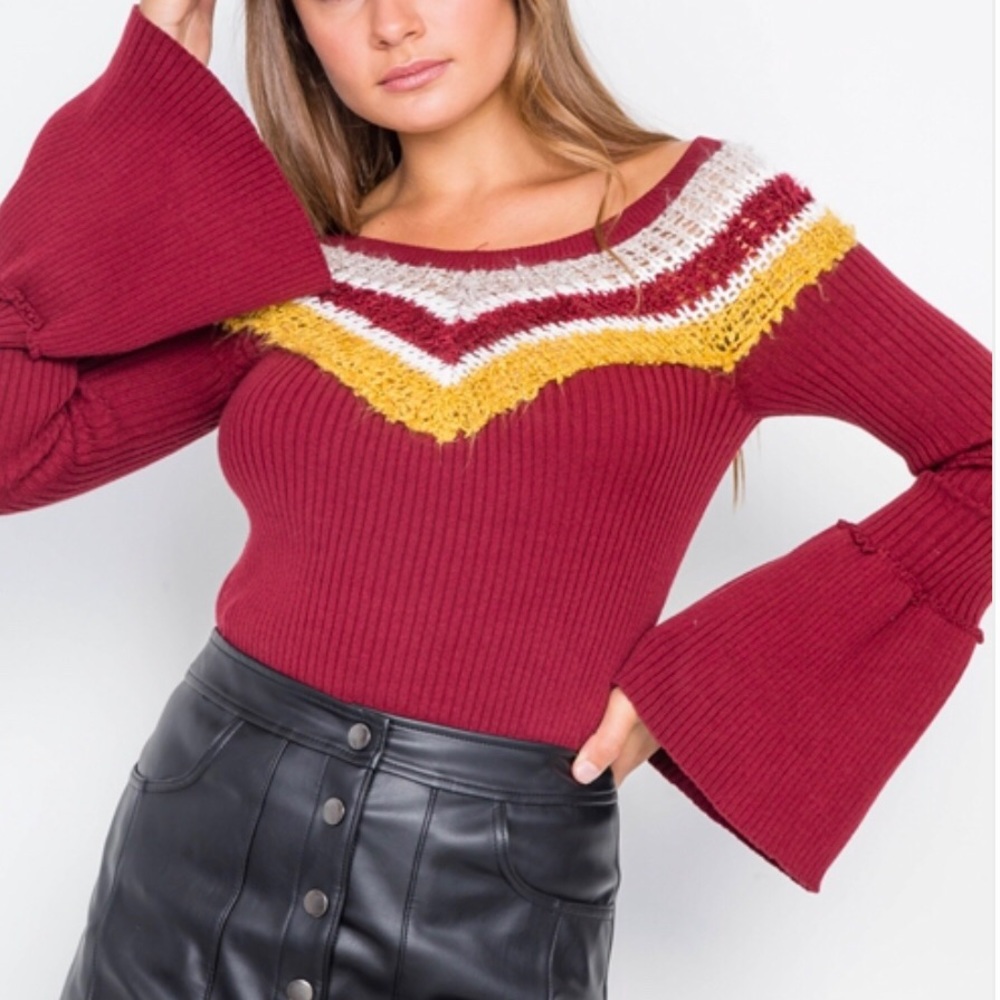 New Multi Stripe Knit Bell Sleeve Sweater